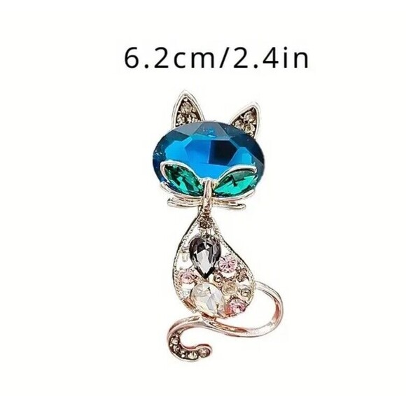 Cat Brooch Pin Large Blue Faceted Gemstone & Rhinestones - Picture 4 of 8